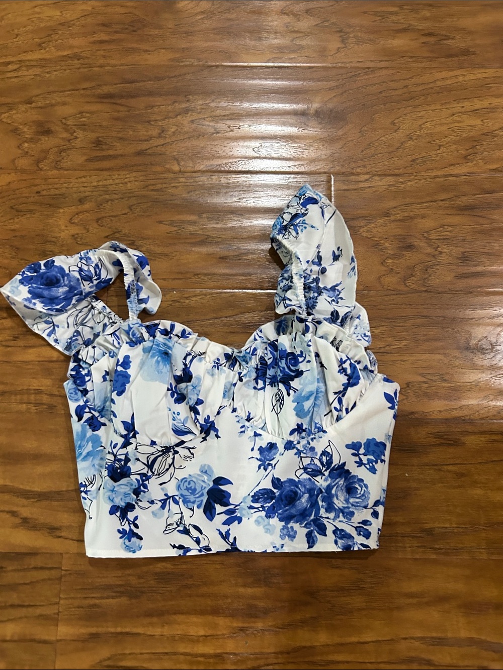 SHEIN White Crop Top with Blue Floral Print and Ruffle Straps
